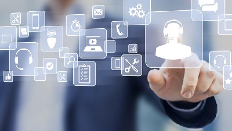 Person pointing to icons of office support