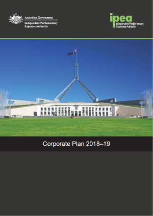 An image of Parliament House, the IPEA Logos, and the words: "Corporate Plan 2018-19"