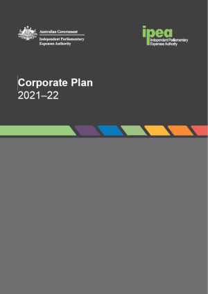 two-tone grey background with coloured blocks across the middle. Text: IPEA Corporate Plan 2021-2022.
