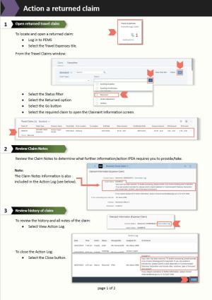 Screenshot demonstrating steps to action a returned claim