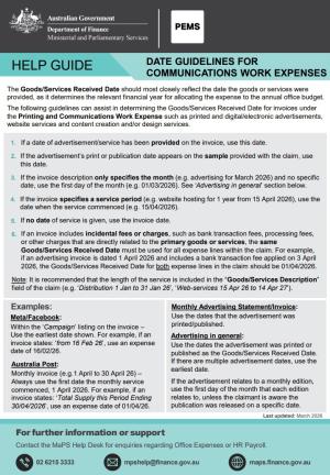PEMS Help Guide - Date guidelines for communications work expenses