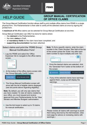 PEMS Help Guide - Group Manual Certification of Office Claims first page