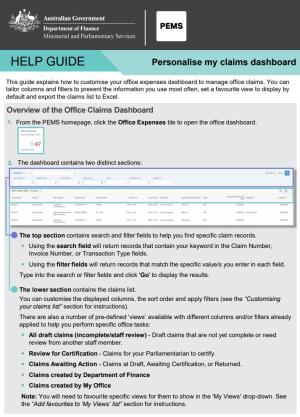 PEMS Help Guide - Personalise my claims dashboard first page